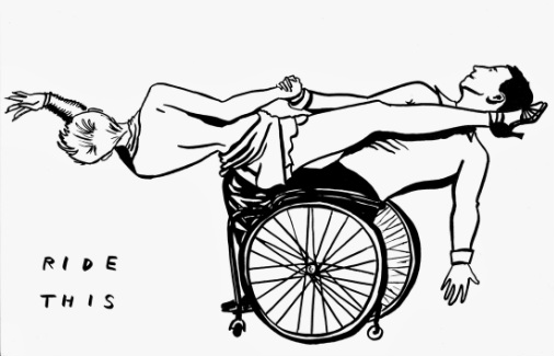 black and white drawing shows two people on a wheelchair,  leaning off the chair with hands outstretched. It appears they are doing a  dance, or perhaps something sexual